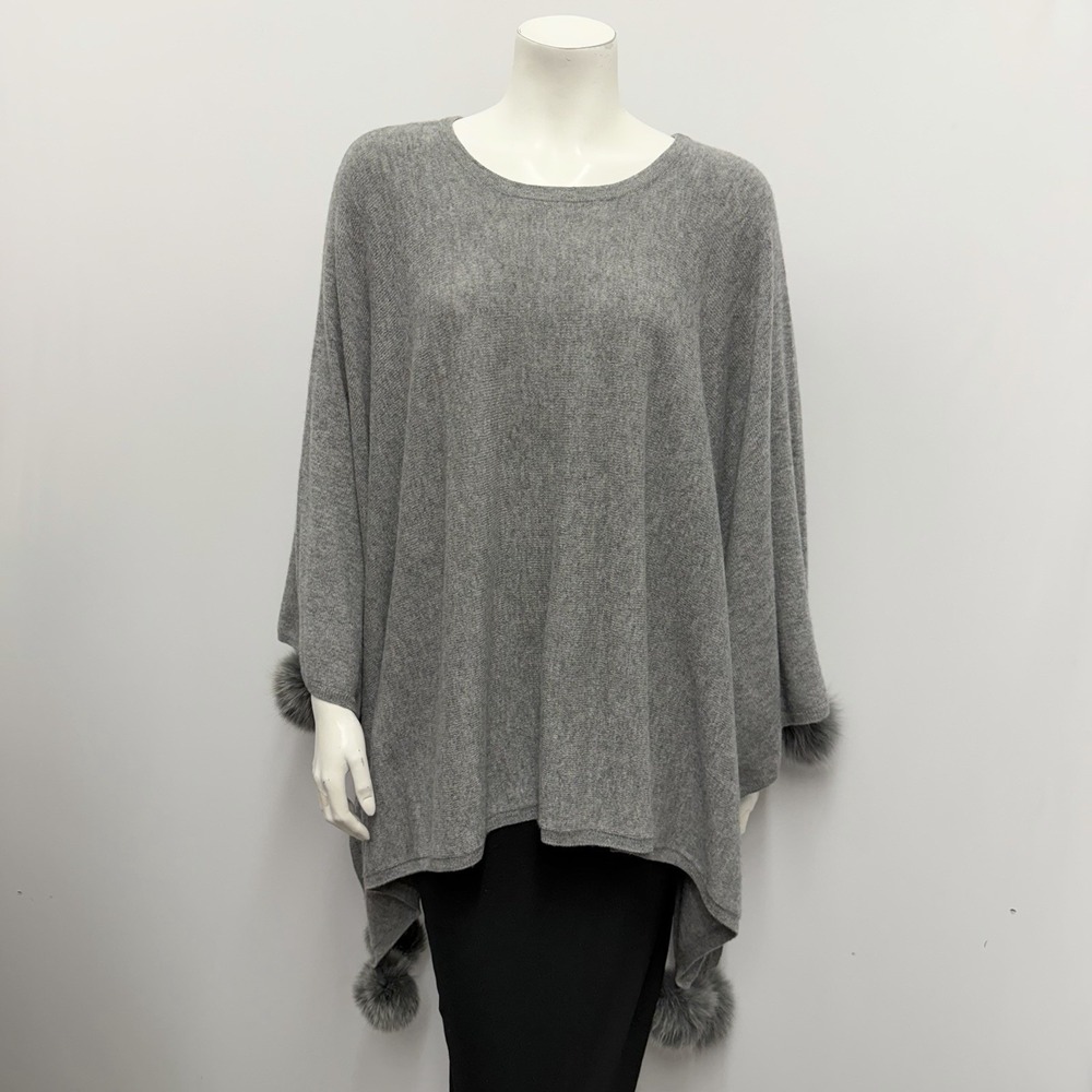 Incashmere In Cashmere 100% Cashmere Poncho Sweater Gray 4 Fox Fur Trims L/XL
